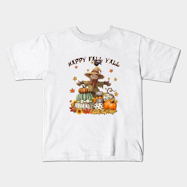 Scarecrow Happy Fall Y'all Pumpkin Thanksgiving Halloween Kids T-Shirt by wfmacawrub